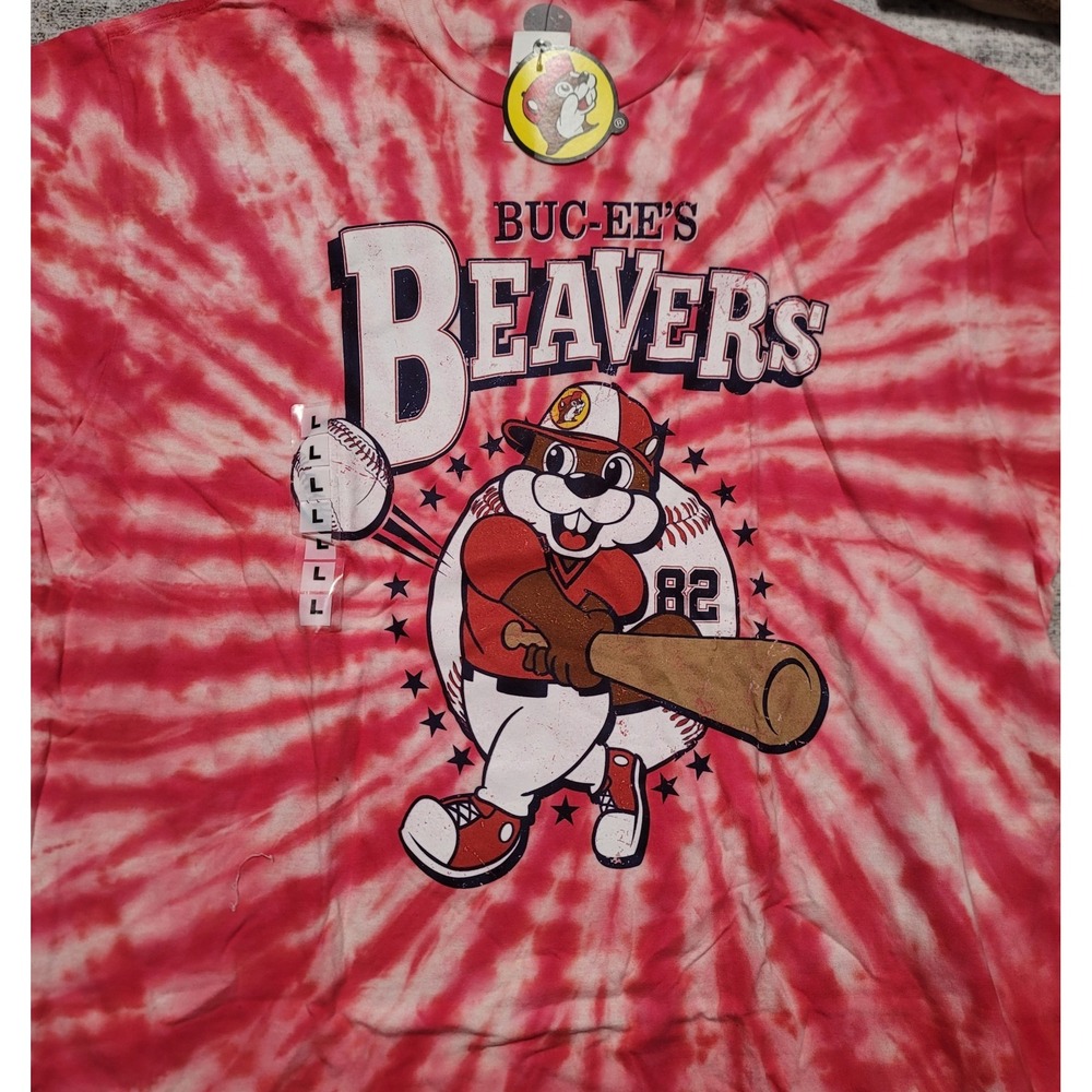 NWT Bucees Mens Red White Tie Dye Beavers Baseball Novelty‎ T-Shirt Size Large